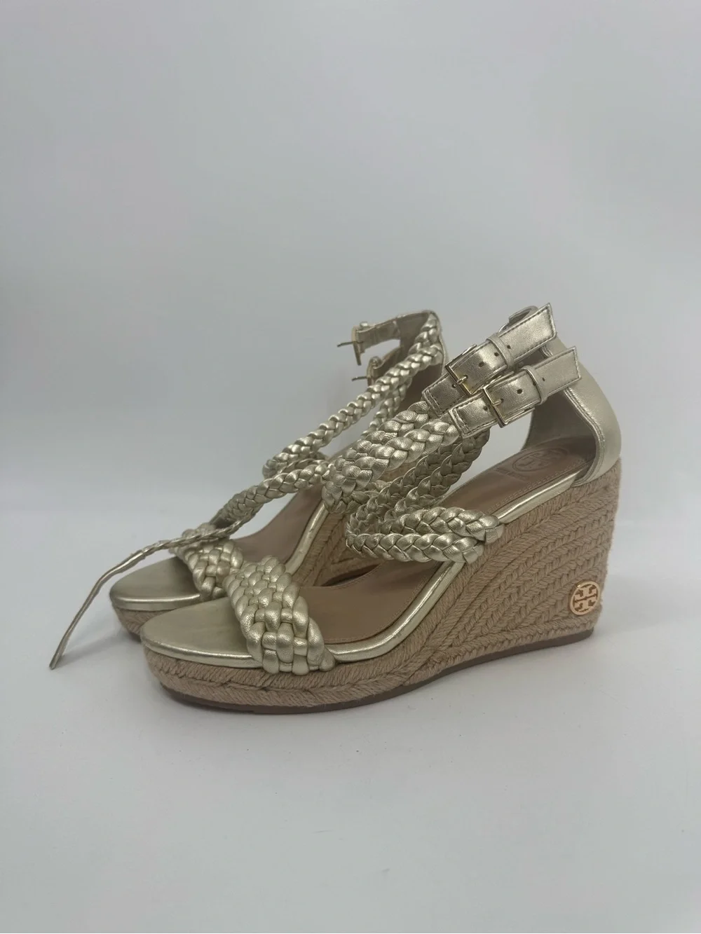 Tory Burch Braided Gold Espadrille Wedge Sandals Size 7M